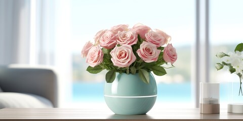 Beautiful vase of rose flowers on the table with sun exposure