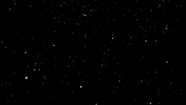 Rain of snow particles falling across the black screen. Snow particles coming down the screen on a chroma key background. Winter, cold, snow, ice concept. black screen