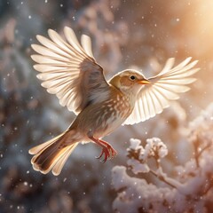 Winter Sparrow Takes Flight with Wings Spread in the Snow Generative Ai