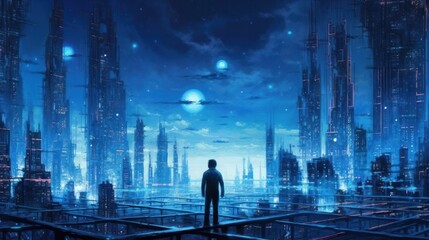 Digital painting of a lonely futuristic cyberpunk city. Huge building, neon lighting. Generative AI.