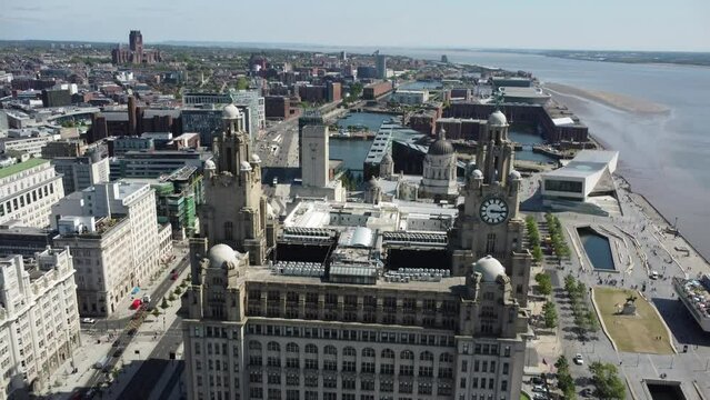 Liver building reveal from the sky with the drone up high