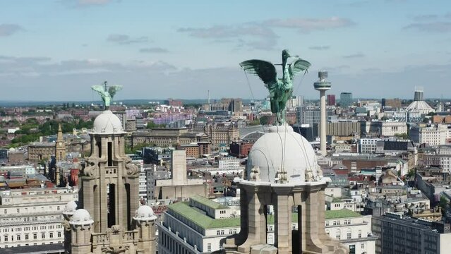 Liverpools famous Liverbuilding with its Liverbirds perched on top. 4k DRONE SHOT. 