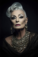 elegant older drag queen isolated on black background, made with generative ai