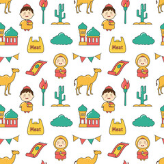 Fototapeta premium Happy Eid Al Adha Mubarak Seamless Pattern of Muslims Celebration with Sacrificial Animals in Template Hand Drawn Cartoon Flat Illustration