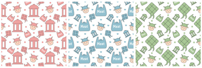 Set of Happy Eid Al Adha Mubarak Seamless Pattern of Muslims Celebration with Sacrificial Animals in Template Hand Drawn Cartoon Flat Illustration