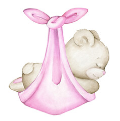 A newborn baby bear sleeps in a pink blanket, a cute forest animal. Watercolor clipart in cartoon style, on an isolated background.