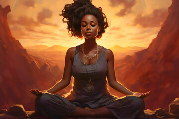 poc woman meditating with eyes closed in mountain landscape, illustration made with generative ai