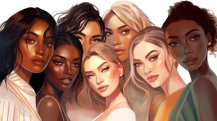 Fototapeta premium Vector illustration of a diverse group of beautiful women with natural beauty and glowing smooth skin, Generative AI