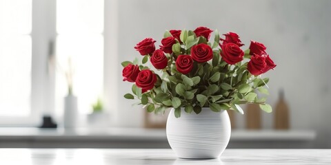 Fototapeta na wymiar Beautiful vase of rose flowers on the table with light exposure