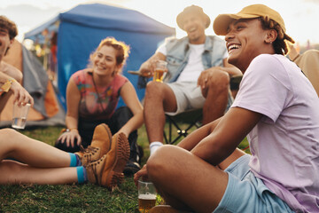 Friends enjoying festival camping in summer