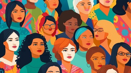 Vector illustration of a diverse group of beautiful women with natural beauty and glowing smooth skin, Generative AI