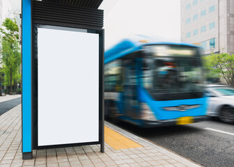 Mock up Banner signboard Blank Media Advertisement at bus stop City street