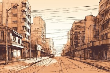 empty city streets on the sunrise, architecture, sketch style Generative AI