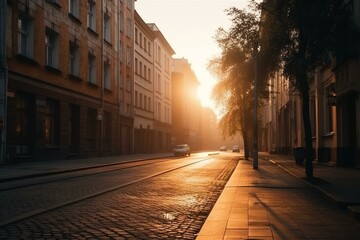 empty city streets on the sunrise, architecture, Generative AI