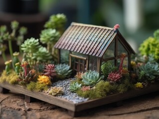Fototapeta na wymiar Fantasy Miniature home flowers succulents and cactus in the garden 