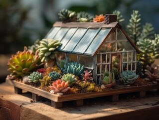Fototapeta na wymiar Fantasy Miniature home flowers succulents and cactus in the garden Created with Generative AI technology