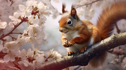 Fototapeta premium little squirrel on branches, tree, white flower Generative Ai