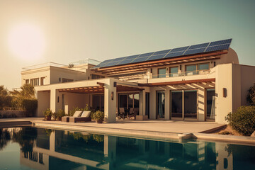 Image of a luxury family home with solar panels on the roof and a swimming pool in the backyard.