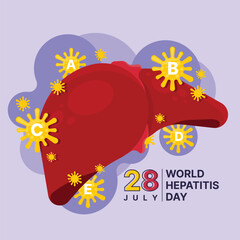 World Hepatitis Day - Virus type A to E Sign around liver on purple background vector design
