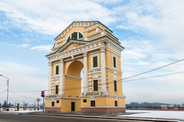 The Triumphal Arch of the Moscow Gate on the bank of the Angara River in the center of Irkutsk,...