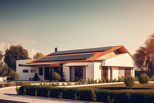 Image of a family home with solar panels on the roof and its frontyard.