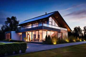 Image of a luxury family home with solar panels on the roof and its front yard at dusk.