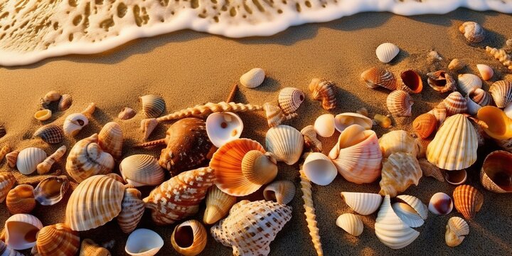 A fantastic picture of a sandy beach with various seashells.