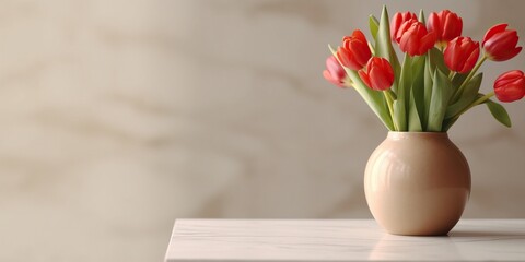 Beautiful vase of tulip flowers on the table with light exposure