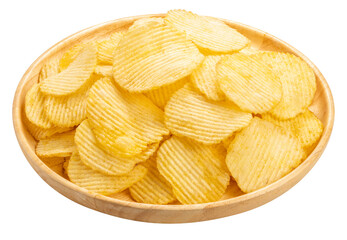 Potato chips in wooden plate  on white background, Fried Potato chips on white PNG file.