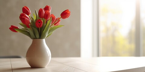 Beautiful vase of tulip flowers on the table with light exposure