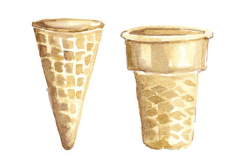 Two empty brown waffle cones for ice cream. Watercolor illustration by hand on a white background.