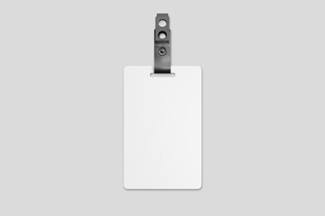 Blank badge with drawstring mockup isolated on white background. Top view, Id card with lanyard. Blank plastic access card, name tag holder with pin ribbon, corporate card key, 3d rendering.