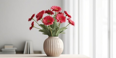 Beautiful vase of gerbera daisy flowers on the table with light exposure AI Generative