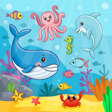 Cartoon sea animals set. Cute ocean fishes, octopus, shark, dolphin, crab and whale. underwater animals on colorful background. Vector illustration