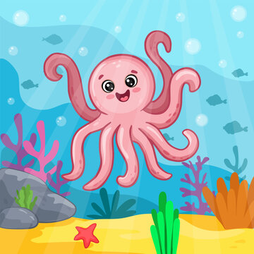 Cartoon pink octopus on colorful background. Underwater life of the ocean. Colored Illustration. Vector