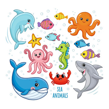 set of funny cartoon animals. Cute ocean fishes, octopus, shark, dolphin, crab and whale. underwater animals. Vector illustration