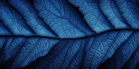 Botanical background of macro leaf texture patterns in deep dark pacific blue color, wide banner size