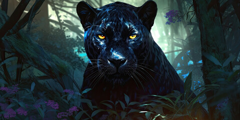 Wild black panther in the jungle. Panthera. Generative AI - obrazy, fototapety, plakaty