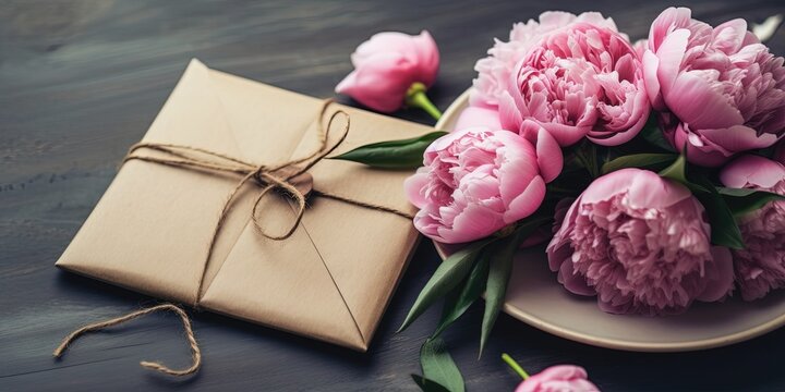 Bouquet of pink peonies on table, envelope with pink paper heart, sending flowers with love