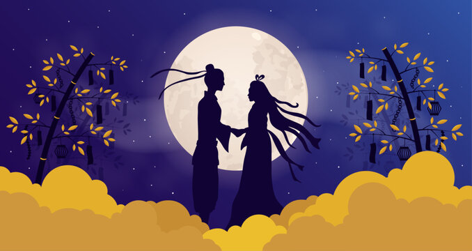 Tanabata Festival Vector Illustration. Qixi, Star Festival or Chinese Valentine day. 7 July Hoshimatsuri. Meeting of deities Orihime and Hikoboshi. Tanzaku on wishing tree. Night sky, moon and clouds