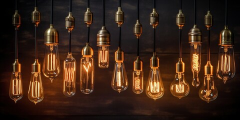 Decorative antique Edison style light bulbs, different shapes of retro lamps on dark background