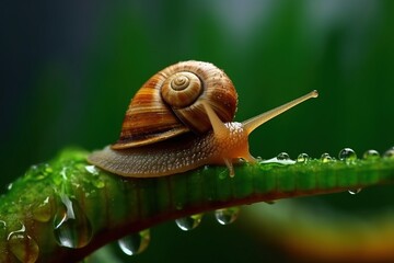 Portrait snail on the leaf with water drops AI Generative