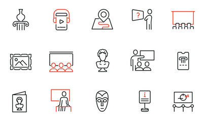 Vector Set of Linear Icons Related to Exhibition, Museum and Art Gallery. Mono Line Pictograms and Infographics Design Elements