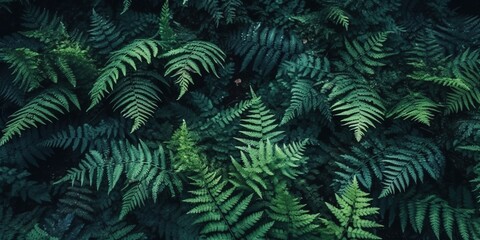 Fern leaves noise texture background, fern growing in dark forest, overhead view, moody natural plants background