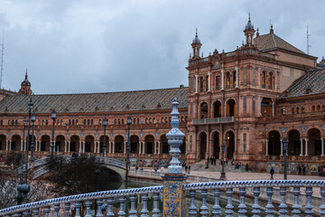 SEVILLA, SPAIN - DECEMBER 2023: Plaza de España on a rainy day