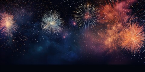 Fototapeta premium Fireworks in black night sky, wide banner for independence day, holiday background