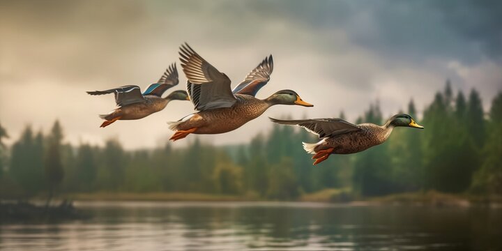 Portrait mallard ducks flying over the lake AI Generative