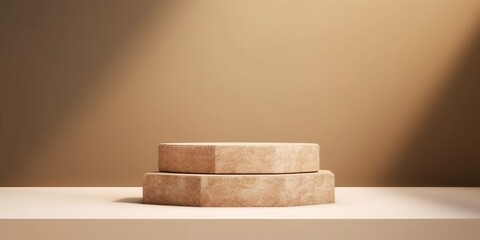Natural stone podium mock - up for cosmetics, products, perfumes or jewelry Beige color with shadow background