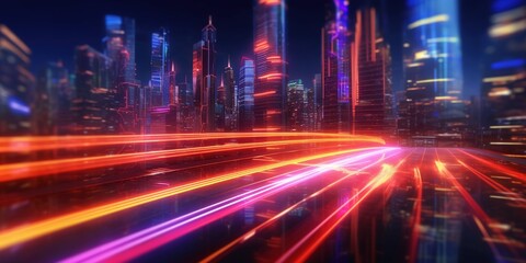 Fototapeta na wymiar Neon lights car trails. Neon lights futuristic city background. Abstract motion speed city