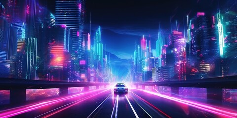 Neon lights car trails. Neon lights futuristic city background. Abstract motion speed city